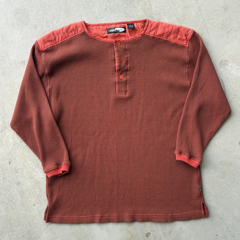 Vintage 90s Ying Yang Thermal Henley Shirt Size Large Orange Waffle Knit Padded